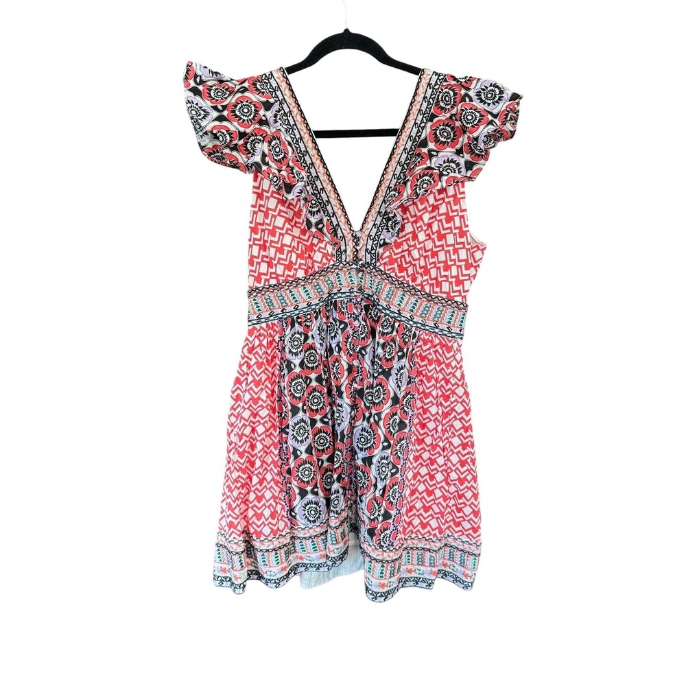 Anthropologie Embroidered Beaded Flutter Sleeve Mini Dress Pink Geometric 16 - Picture 3 of 8